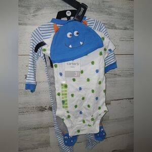 Carter's 3 Month Baby Boy Blue and White Monster Onesie and Pants Outfit   & Hat